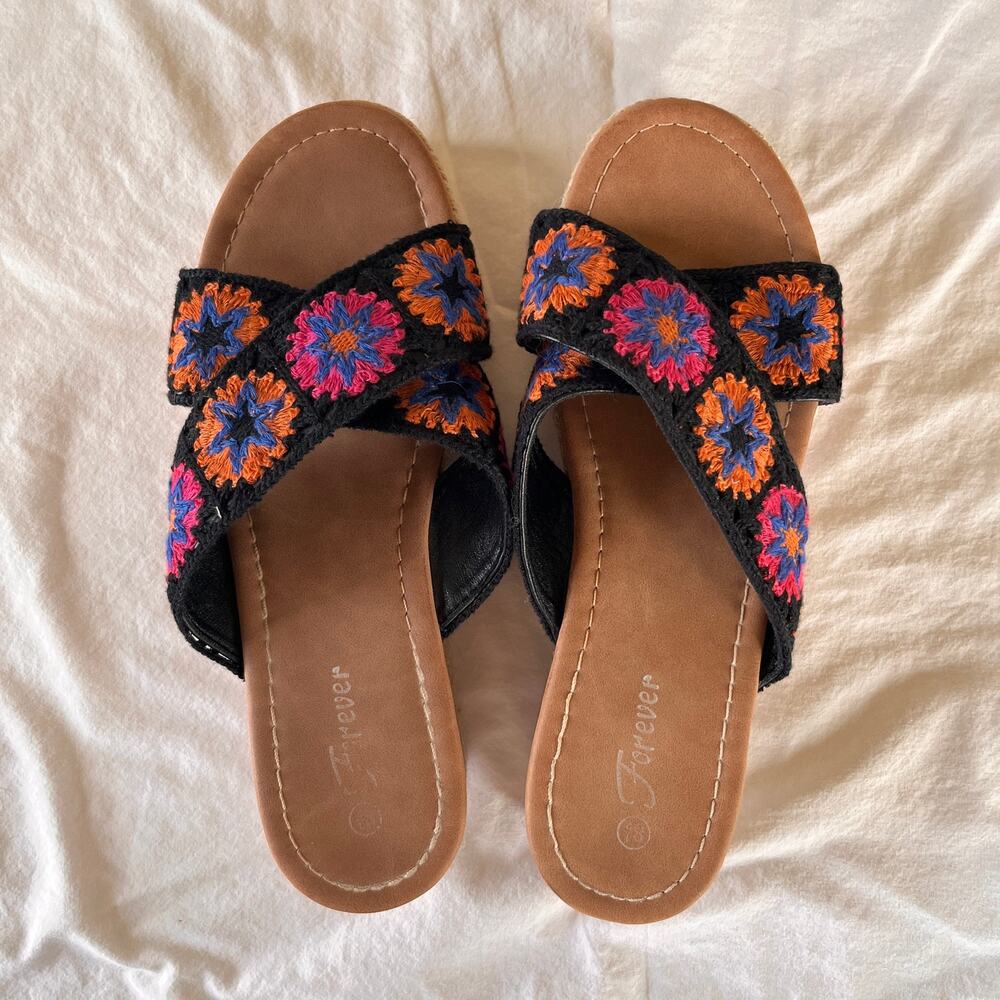 Forever Floral Crochet Crisscross Platform Sandals Boho Espadrille Flatform 8.5
